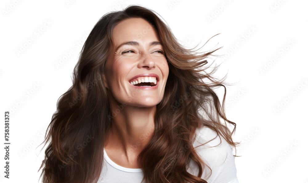 Portrait of happy mature woman with long brown hair smiling and laughing, isolated on transparent cut out Portrait of happy mature woman with long brown hair smiling and laughing, isolated on transparent cut out