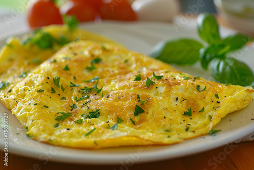 Omelette for breakfast on white plate.