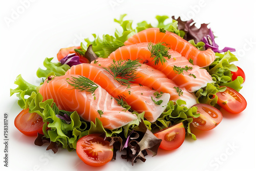 Raw pieces of salmon with lettuce and tomatoes on white background.