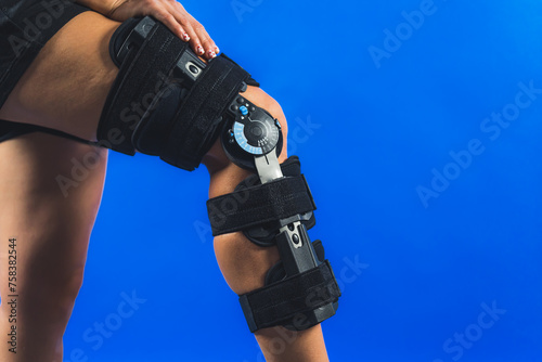 closeup shot of a girl putting her hand on a protective band on her knee injury, trauma and rehabilitation concept, blue background. High quality photo