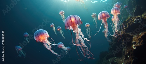 A crowd of jellyfish are having fun swimming underwater in the ocean, creating a mesmerizing display of marine biology in motion