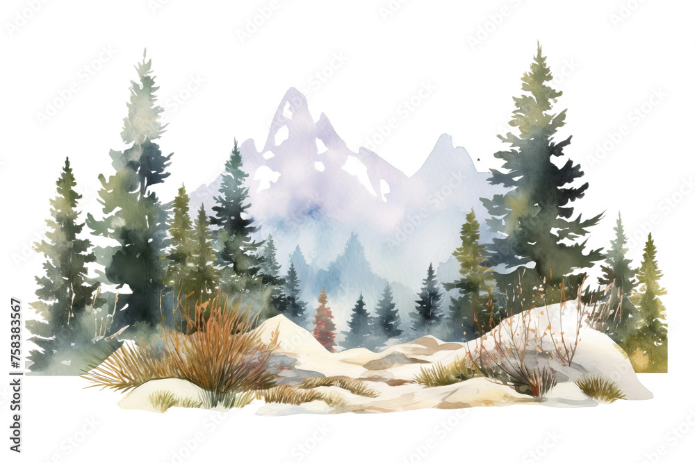 landscape landscape watercolor winter illustration nature snow winter forest element trees background hand trees mountains white wild bush hills nature drawn snow fir north - obrazy, fototapety, plakaty 