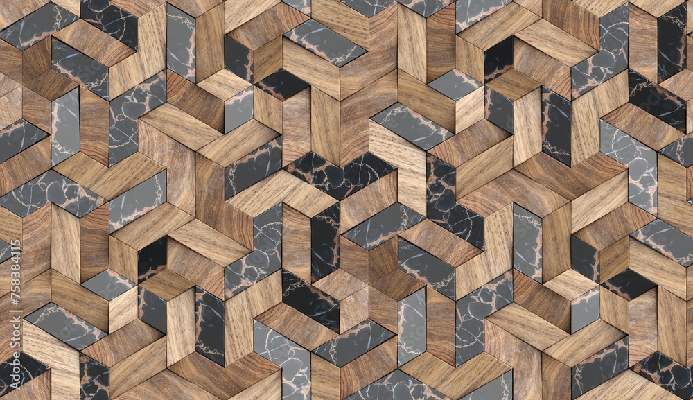 3D Wallpaper mosaic of solid wood particles and luxury black marble 3D Wallpaper mosaic of solid wood particles and luxury black marble