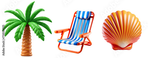 Set of 3d summer beach vacation and relaxation icons on transparent background (ID: 758384515)