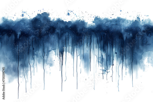 Indigo and sapphire dripping watercolor paint stain on white background.