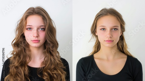 Transformation: Woman Before and After Makeup on White Background
 photo