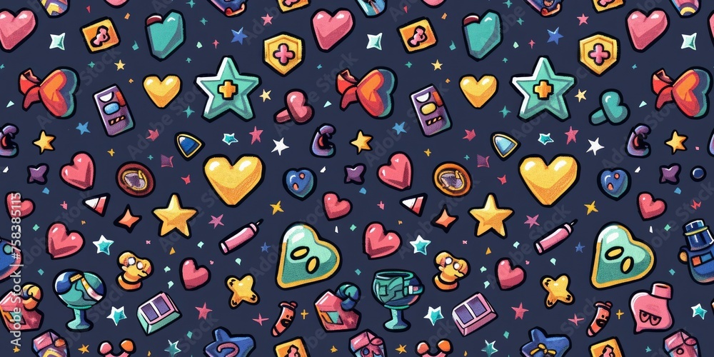 Whimsical Pixel Delight: Seamless tile pattern showcasing pixel art hearts, stars, and iconic video game characters, offering a whimsical delight.