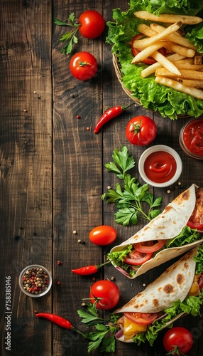 Top view of traditional wraps and french fries on wooden table with space for text