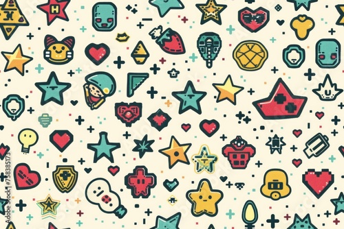 Pixel Dreamscape: Seamless tile pattern featuring whimsical pixel art objects like hearts, stars, and nostalgic video game characters.