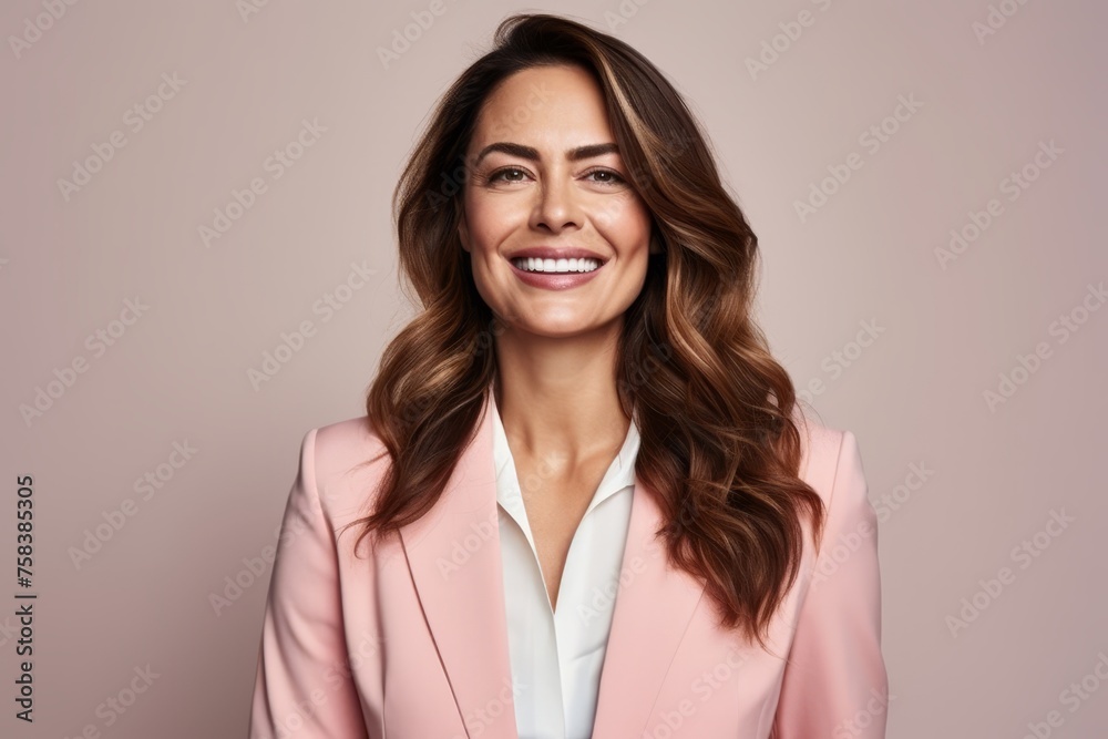 Portrait of a smiling businesswoman in pink suit over grey background Portrait of a smiling businesswoman in pink suit over grey background