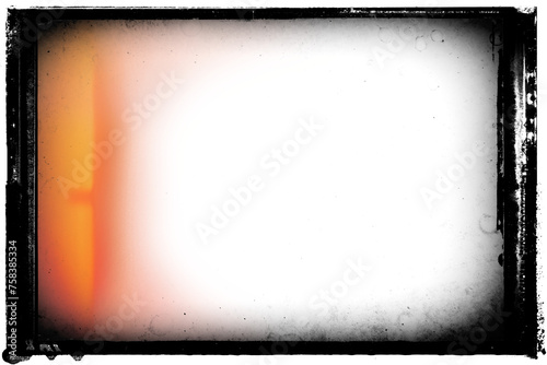 Vintage photo film frame of a middle format old camera with vignette, dust and splatters and red glare on transparent background (png image).