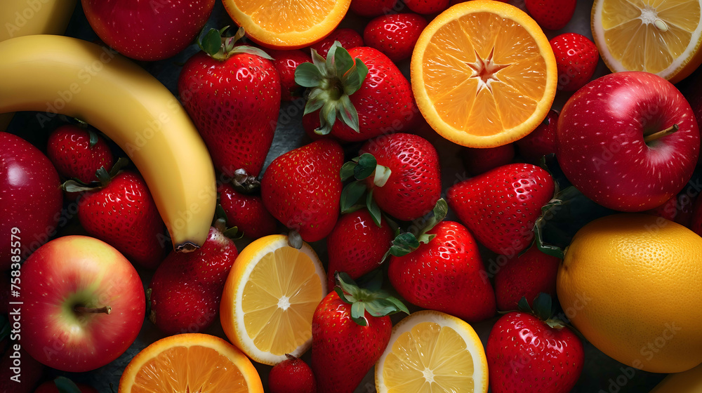 Multi vitamin fruit background - many different healthy organic fruits - obrazy, fototapety, plakaty 