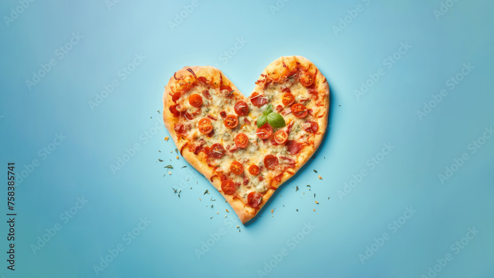 Romantic juicy pizza in a creative heart shape, on a soft blue background, for food enthusiasts, in the spirit of Valentine's Day. Romantic juicy pizza in a creative heart shape, on a soft blue background, for food enthusiasts, in the spirit of Valentine's Day.