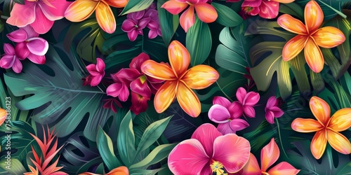 Exotic Floral Harmony  Seamless Pattern Featuring Vibrant Orchids and Plumeria Flowers