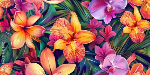 Tropical Paradise Bloom  Seamless Pattern with Vibrant Orchids and Plumeria Flowers