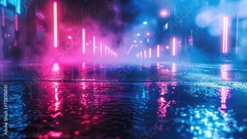 Neon-Lit Night Cityscape with Wet Asphalt and Searchlight Reflection 