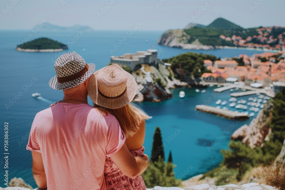 Happy couple on vacation They both have their arms around each other's shoulder The view shows the blue sea and small islands with white buildings Generative AI