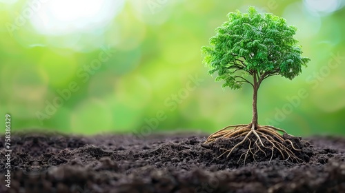 Large green tree with visible roots against blank backdrop for ample space for text placement