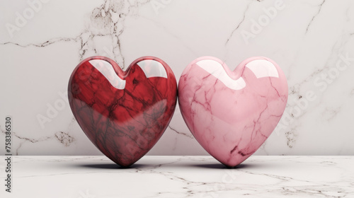 Unendliche Liebe: Zwei Herzen aus Marmor in rot und rosa.