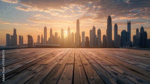 Wooden Plaza Overlooking City Skyline and High-rise Buildings 