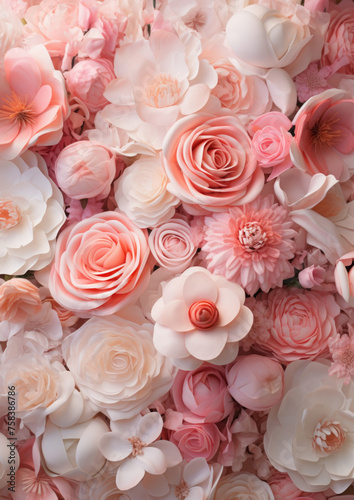 A large number of roses in a romantic shade of soft pink  creatively and harmoniously arranged  in the spirit of Valentine s Day and a spring atmosphere.