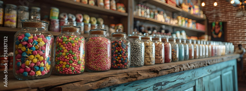 Colorful assortment of sweets in candy shop display jars
