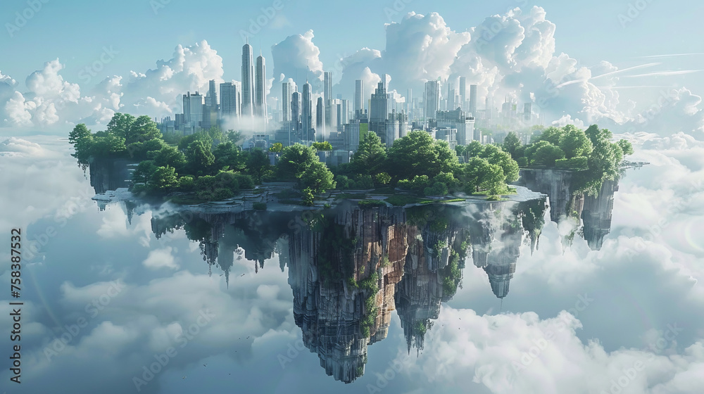 Concept art of a futuristic cityscape floating above the clouds, symbolizing utopia and innovation.