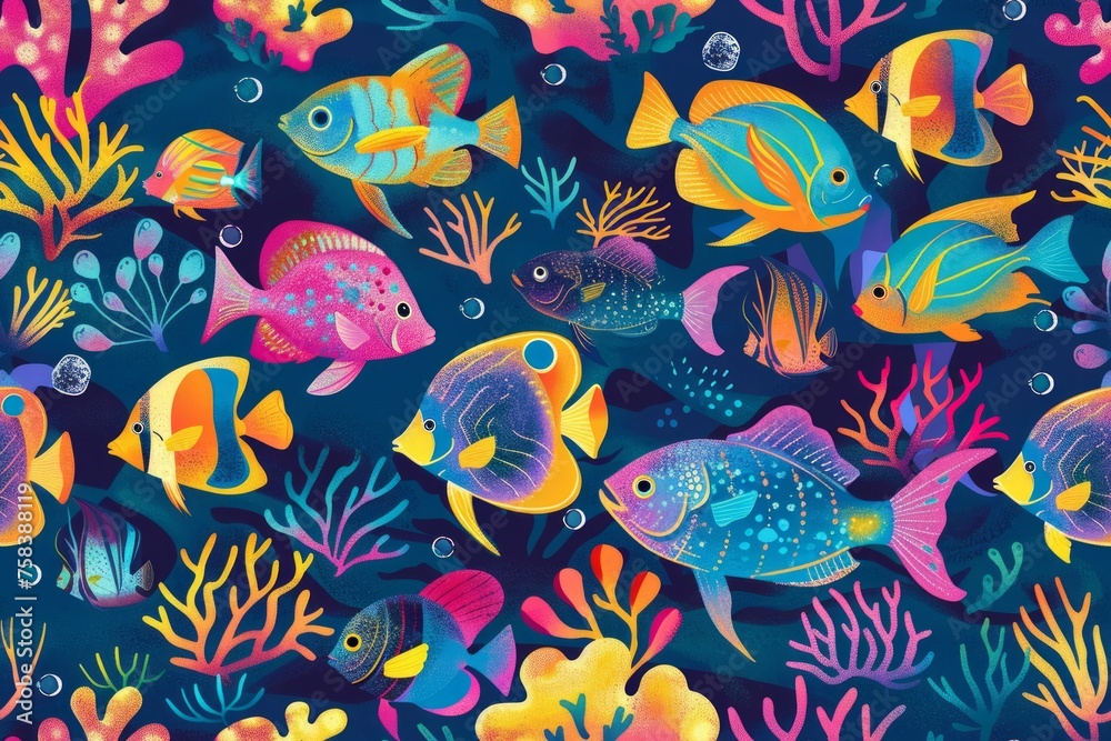 Naklejka premium Dazzling Oceanic Mosaic: Seamless Pattern Featuring Colorful Fish and Bright Coral Reefs