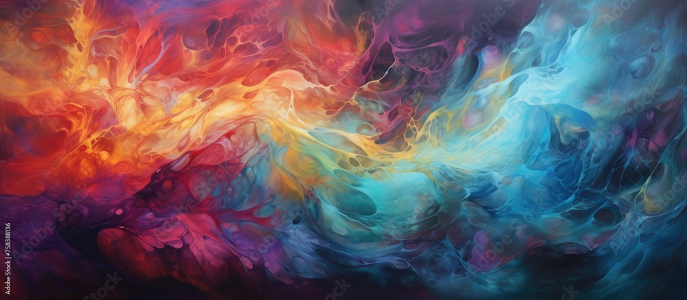 The painting captures the atmosphere of a volcano with smoke rising into the sky, featuring a mix of purple, violet, magenta, electric blue colors The painting captures the atmosphere of a volcano with smoke rising into the sky, featuring a mix of purple, violet, magenta, electric blue colors