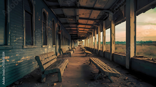 A forgotten train station with broken benches and peeling paint, echoing with the absence of passengers. Concept of neglect, abandonment, and ignorance. 