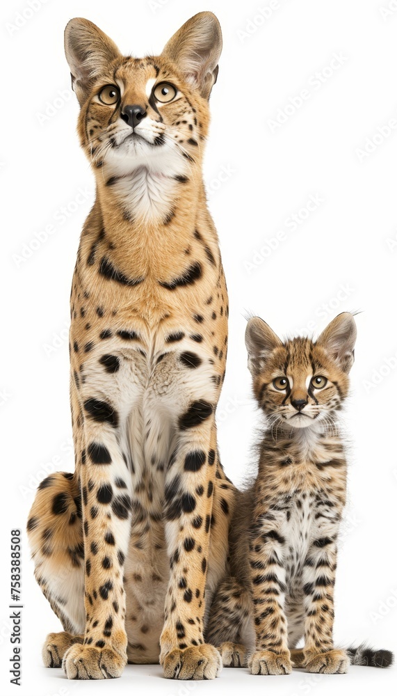 Male serval and serval kitten portrait with empty space for text, object on the side Male serval and serval kitten portrait with empty space for text, object on the side