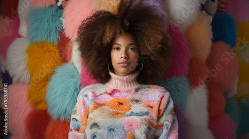 A beautiful girl in an irresistible fluffy colorful sweater  with cheerful  vibrant  feminine colors  against an unusual patterned background.