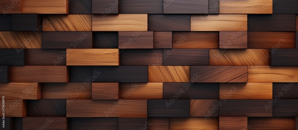 A detailed closeup of a wall constructed with brown hardwood rectangles, giving the appearance of wooden flooring. The wood stain enhances the natural beauty of the material property A detailed closeup of a wall constructed with brown hardwood rectangles, giving the appearance of wooden flooring. The wood stain enhances the natural beauty of the material property