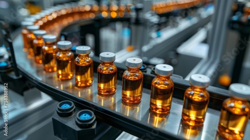 Automated pharmaceutical production line with glass bottles on conveyor belt in factory background