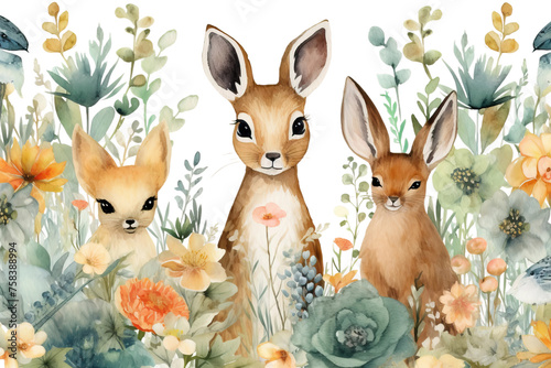 nature nursery hand seamless background cute baby illustration flowers make deer owl woodland animals painted pattern rabbits little wild herbs watercolors