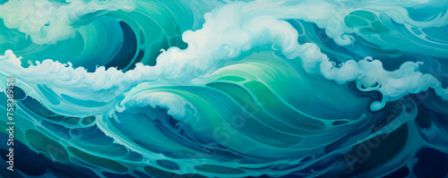 This painting dynamically portrays a large wave's immense power crashing into the ocean, generating a dramatic of towering water and foamy splashes, reflecting the sea's raw force. Banner. Copy space.