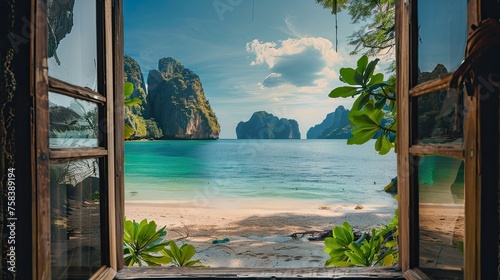 View from the house from inside an open window to the beach with blue water  white sand beach  rocks in the background  turquoise sea water  tropical forest  sunny day. View from the window.
