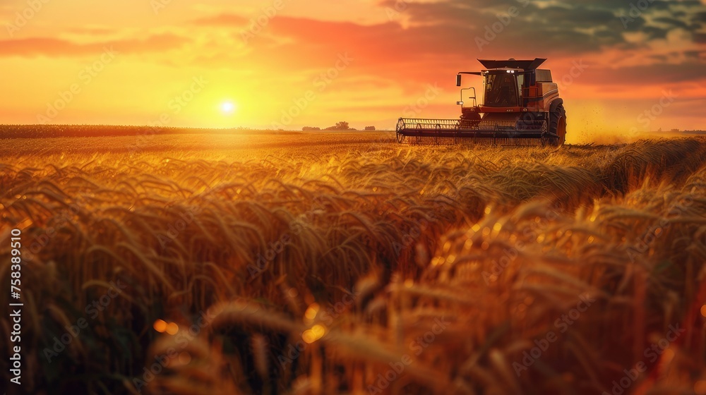 Fototapeta premium A farm tractor harvesting wheat at sunset creates a relaxing and natural atmosphere. Golden hour lighting enhances the warmth and depth of a scene.