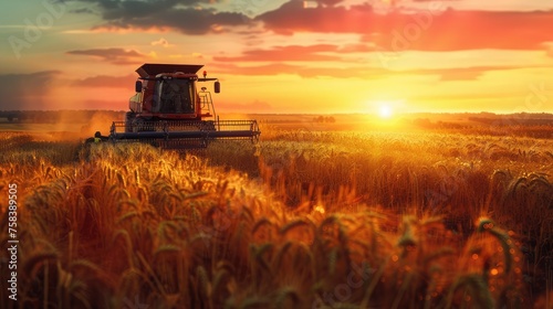 A farm tractor harvesting wheat at sunset creates a relaxing and natural atmosphere. Golden hour lighting enhances the warmth and depth of a scene.
