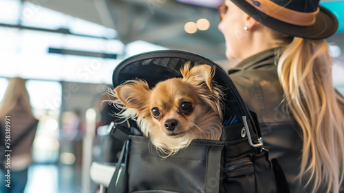 Woman Taking Dog Through Airport on Vacation