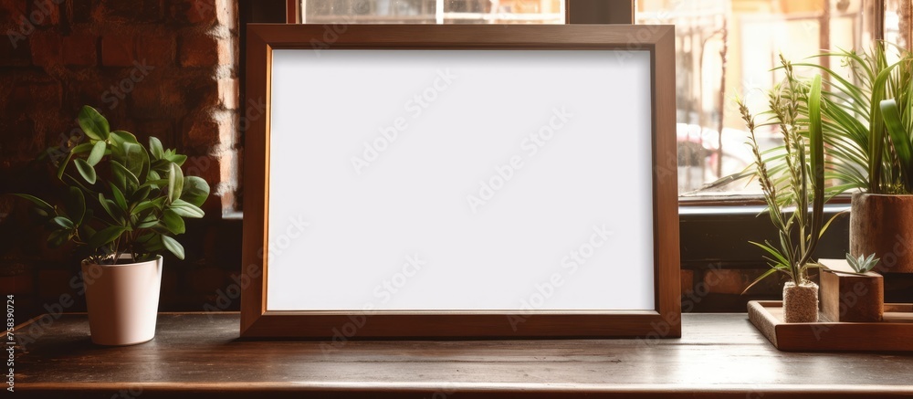 A rectangular picture frame sits atop a wooden table beside potted plants. The fixture displays tints and shades against the composite material. The square frame adds a touch of style to the room A rectangular picture frame sits atop a wooden table beside potted plants. The fixture displays tints and shades against the composite material. The square frame adds a touch of style to the room