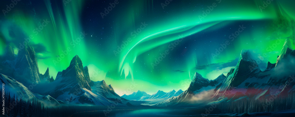 Vivid aurora borealis over mountains, a natural spectacle in the night sky, depicted in a painting that captures its colorful luminance. Banner. Copy space.