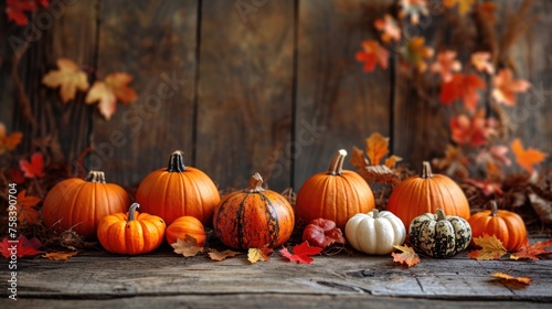 Rustic Harvest: Colorful Pumpkins and Leaves on Wooden Table - Thanksgiving Display