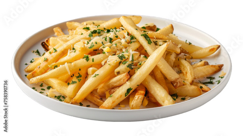 Garlic Parmesan Fries on a plate isolated on transparent png background. Generative ai 