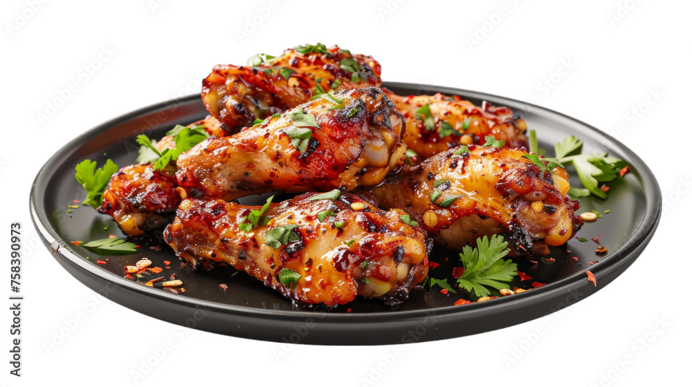 Garlic Parmesan Wings on a plate isolated on transparent png background. Generative ai Garlic Parmesan Wings on a plate isolated on transparent png background. Generative ai