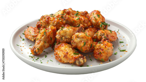 Garlic Parmesan Wings on a plate isolated on transparent png background. Generative ai 
