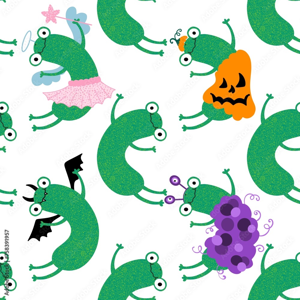 Obraz premium Cartoon animals seamless halloween frogs pattern for wrapping paper and fabrics and kids print and party accessories