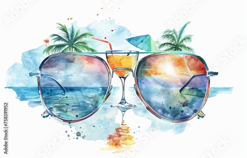 watercolor clipart, double exposure of sunglasses with beach and cocktail in the reflection, summer vacation , on white background Generative AI