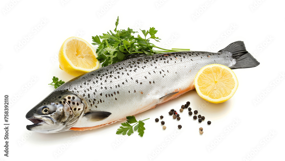 Fresh raw salmon fish fillet with herbs and lemon isolated on a transparent or white background. Fresh raw salmon fish fillet with herbs and lemon isolated on a transparent or white background.