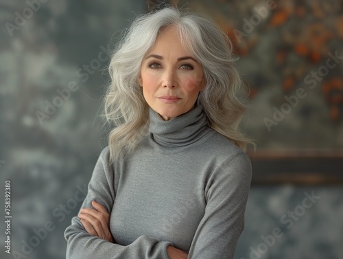 Stylish Mature Woman with Grey Hair. Poised mature woman with elegant grey hair in a chic gray sweater poses confidently.